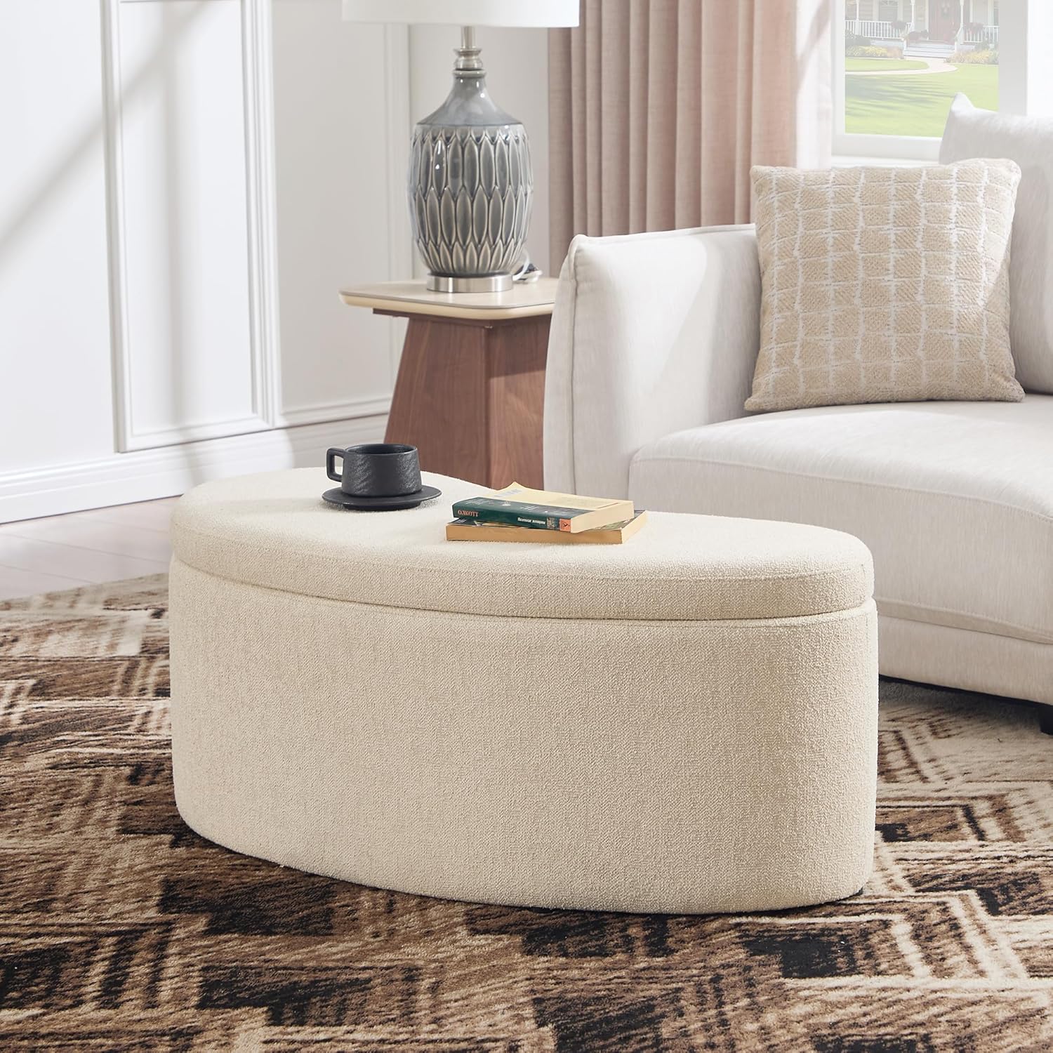Zibeths linen storage ottoman bench in beige crescent moon shape