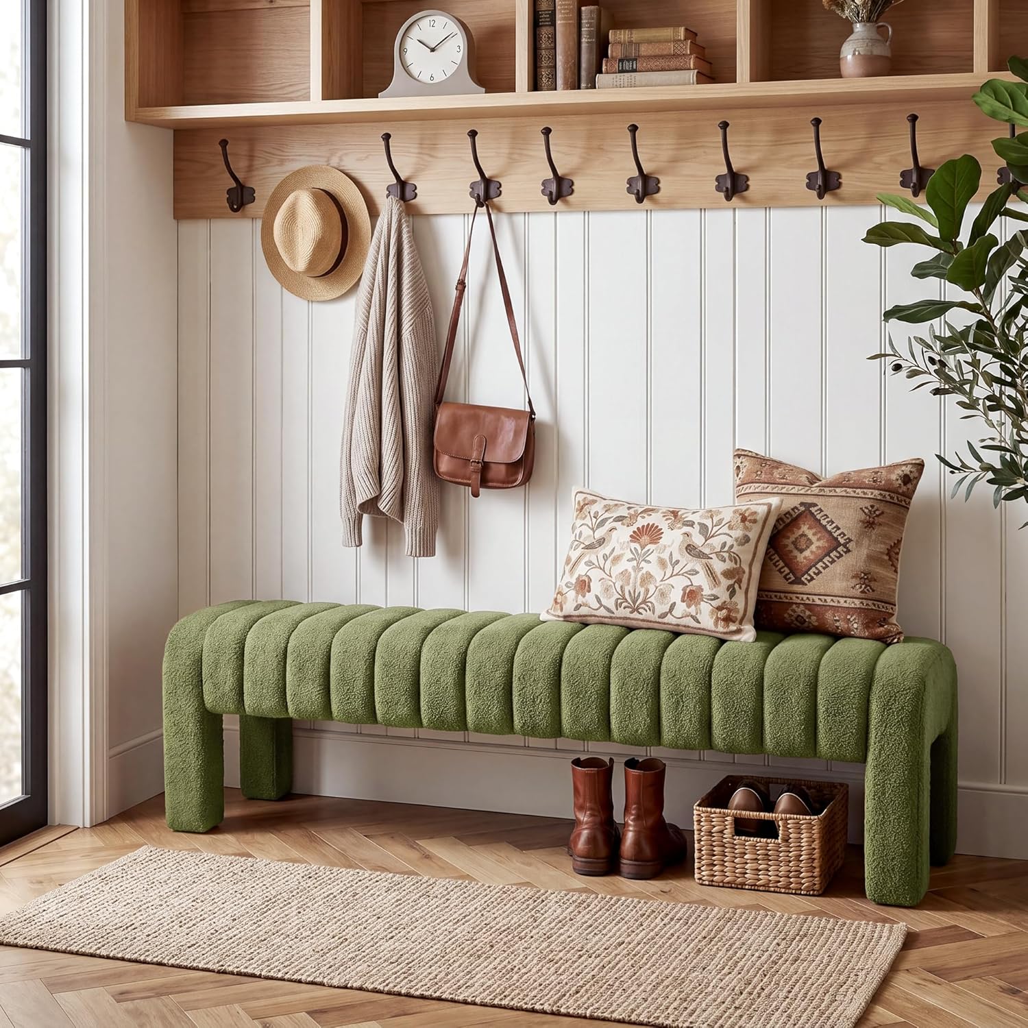 Zibeths 63 inch boucle bed bench in linen green