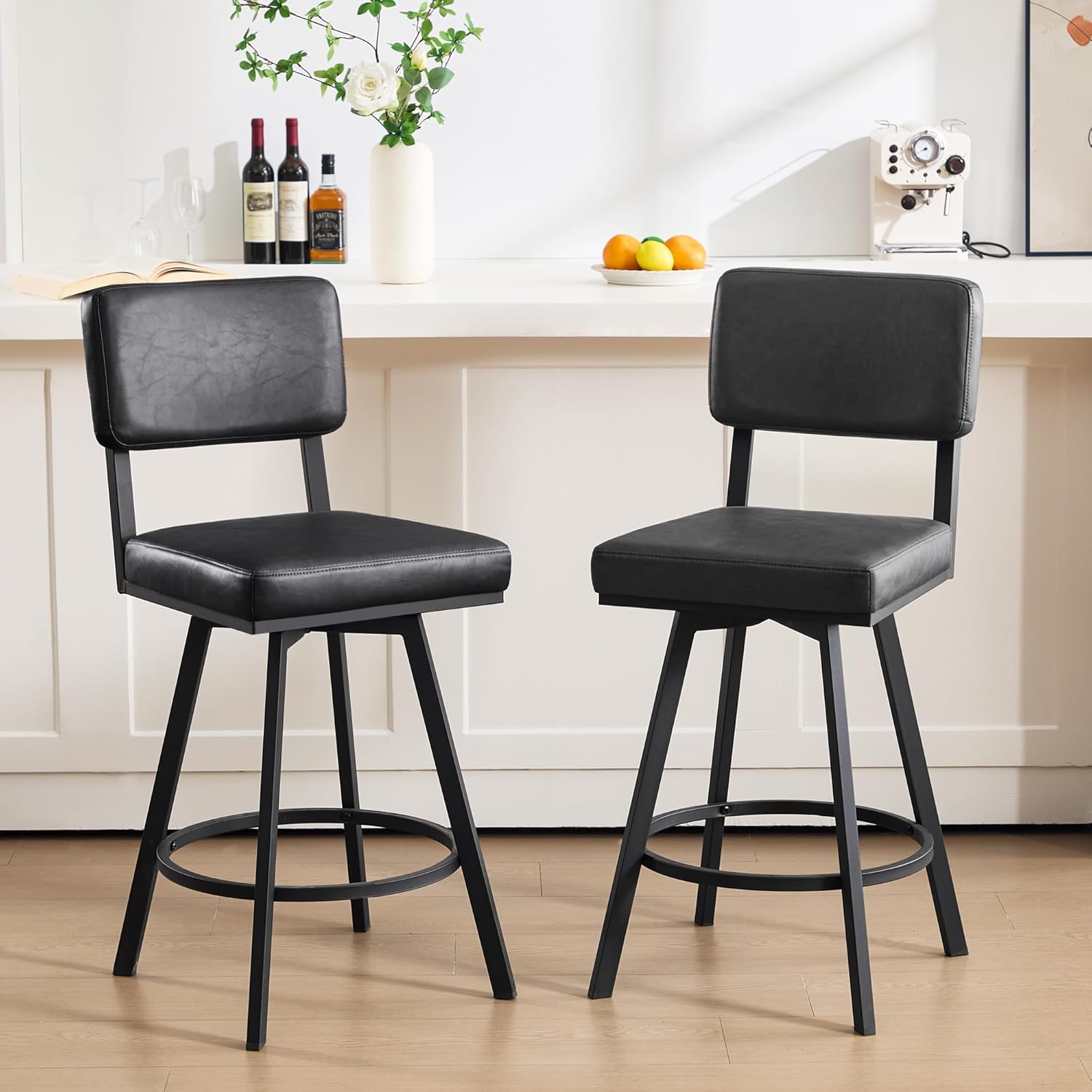 Zibeths black leather modern counter height bar stools set of 2