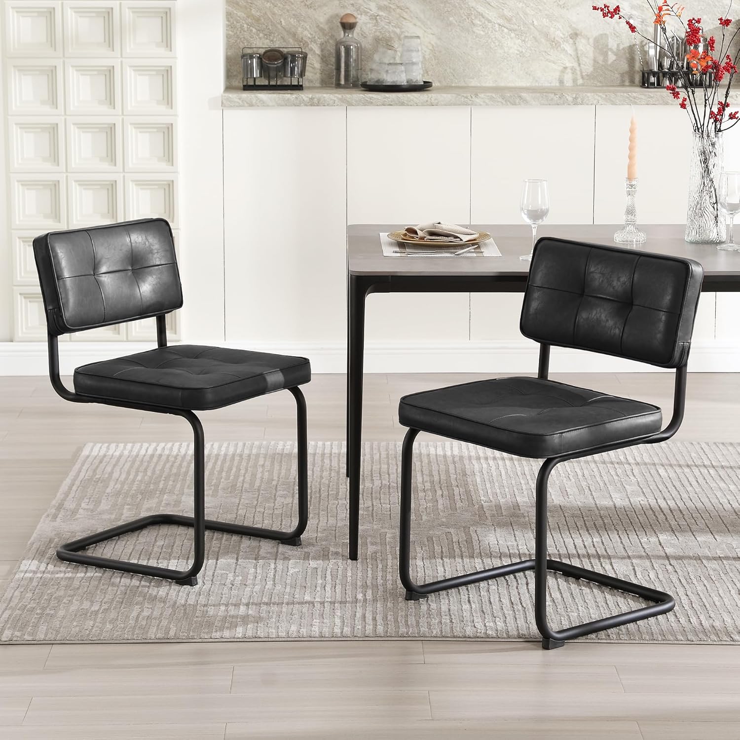 Zibeths leather dining chairs set of 2 in black