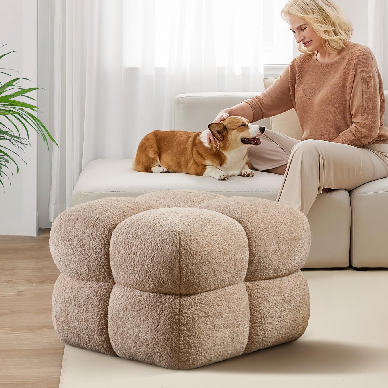 Zibeths pouf ottoman foot rest in caramel teddy fabric