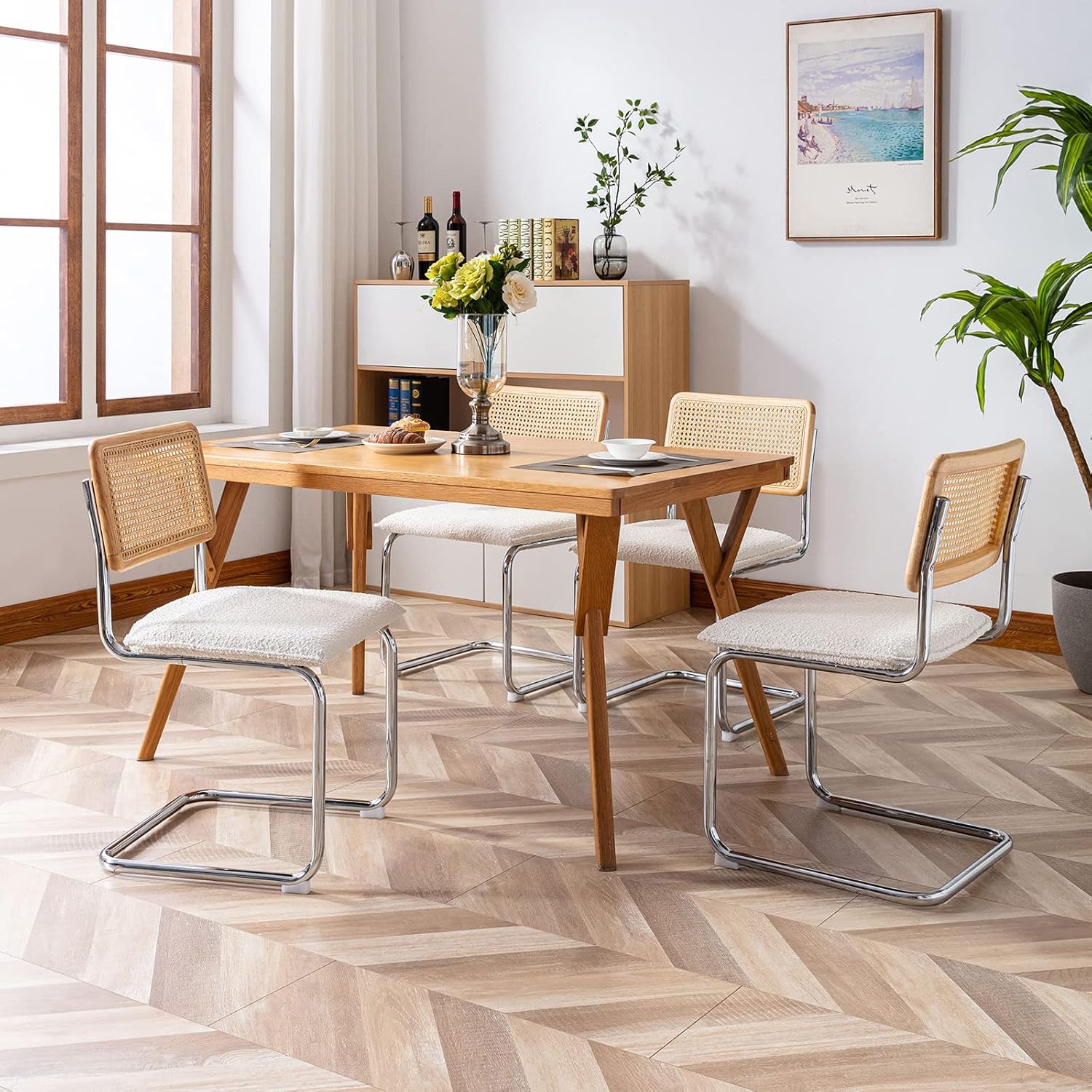Zibeths mid century modern rattan dining chairs set of 4 in white